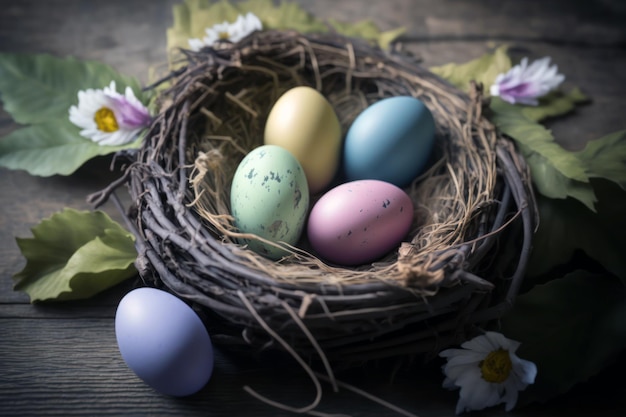 Una foto de un nido con huevos y flores.