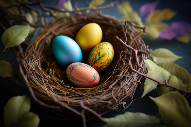 Una foto de un nido de pájaro con huevos de colores.