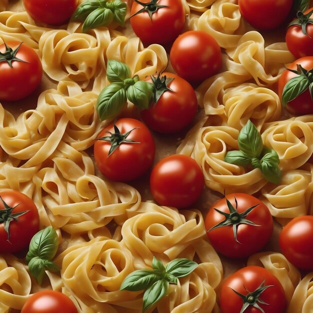 Foto de nidos de pasta sin cocinar alrededor de tomates rojos comestibles ajo granos de pimienta albahaca en amarillo