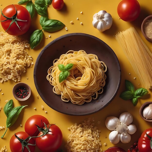 Foto de nidos de pasta sin cocinar alrededor de tomates rojos comestibles ajo granos de pimienta albahaca en amarillo