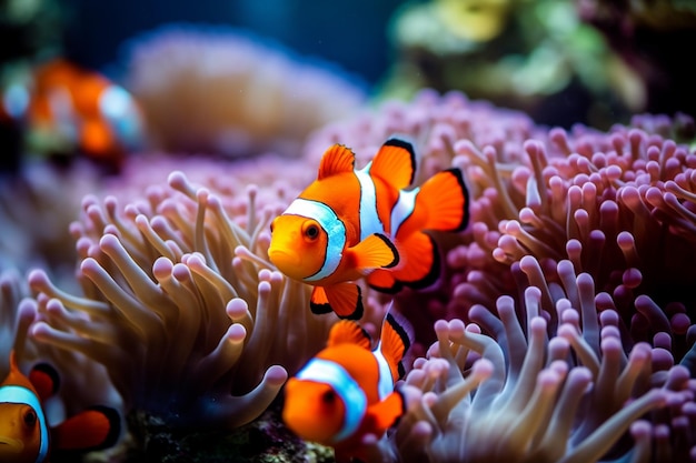 Foto niedliche Anemonenfische, die auf dem Korallenriff spielen Clownfische in schönen Farben auf Korallenriffen
