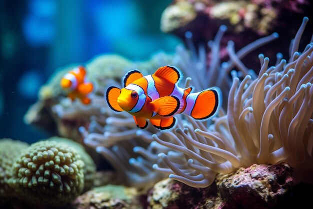 Foto foto niedliche anemonenfische, die auf dem korallenriff spielen clownfische in schönen farben auf korallenriffen