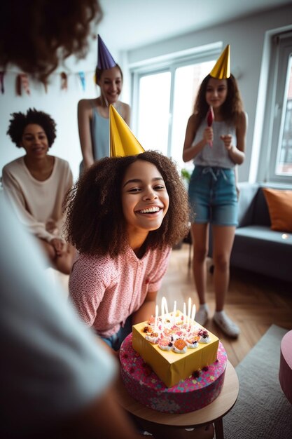 Foto foto de una niña celebrando su cumpleaños en casa con sus amigos creada con ia generativa