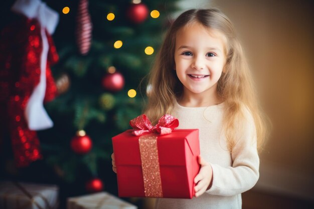 Foto de una niña feliz y sonriente con caja de regalo de Navidad