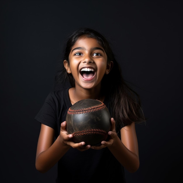 foto de una niña india emocionada sosteniendo una pelota