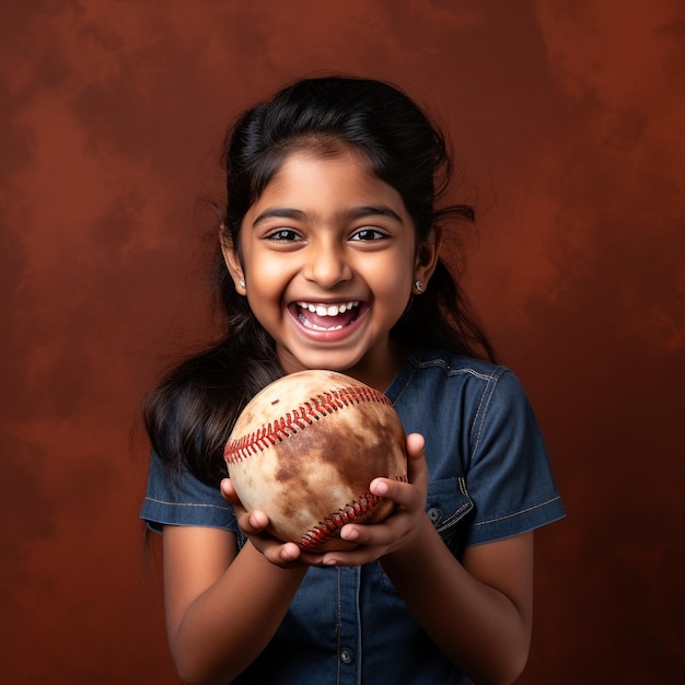 foto de una niña india emocionada sosteniendo una pelota