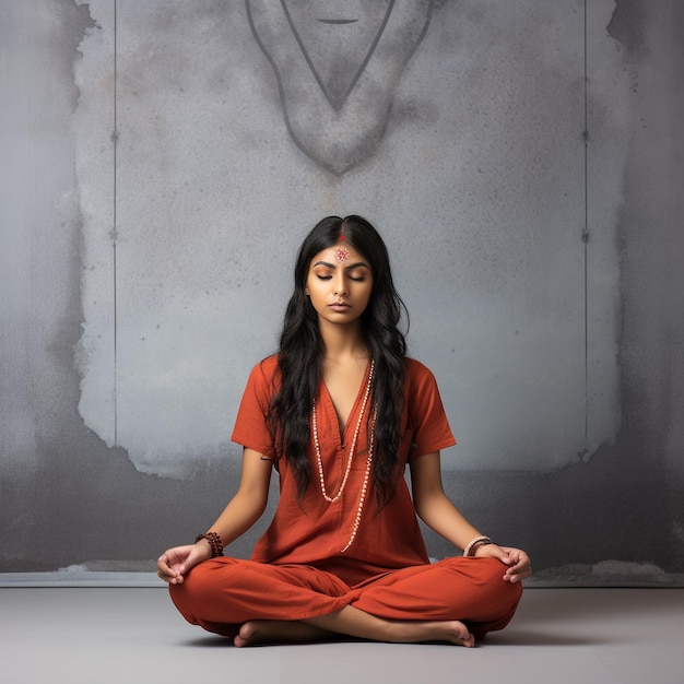 foto de una niña india haciendo yoga y meditación frente a un buda de pared de color gris