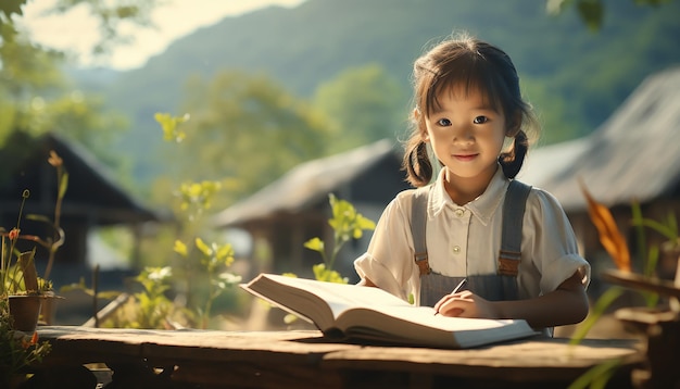 foto de una niña leyendo un libro en el jardín de la casa