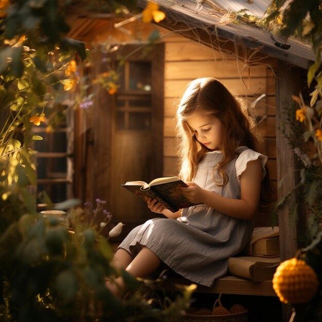 foto de una niña leyendo un libro en el jardín de la casa