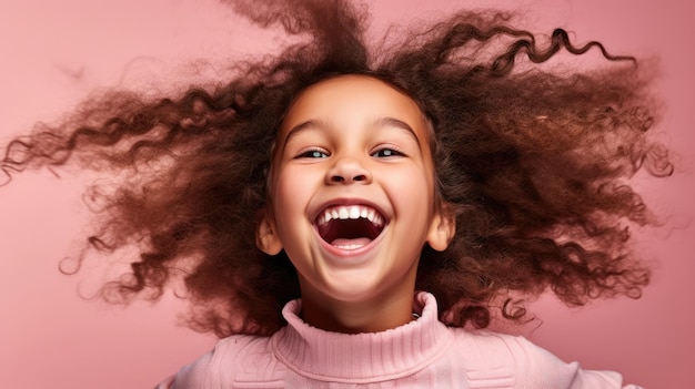 Foto de una niña linda de cabello rizado frente a un fondo rosado