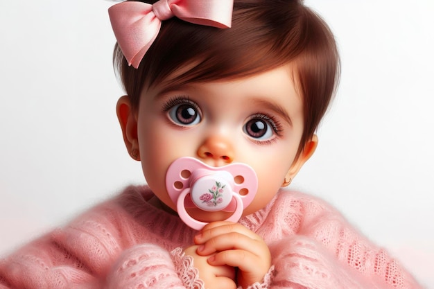 Foto foto de una niña linda con ojos grandes y un arco pastel rosa chupando un chupete sobre un fondo blanco ai generativo