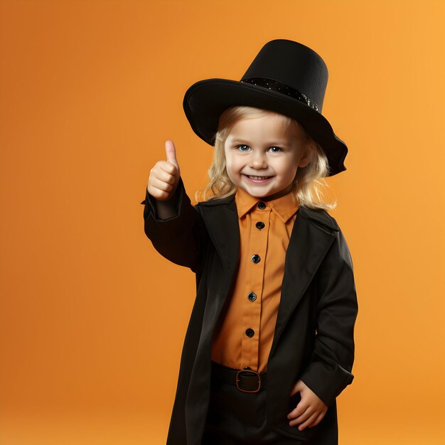 Foto Niña linda vestida como bruja para Halloween sobre fondo de color generativo ai