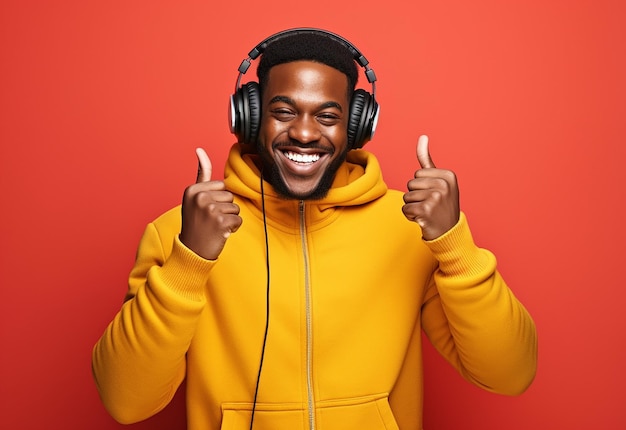 Foto de niña y niño niña y niño africanos escuchan música con auriculares con una sonrisa