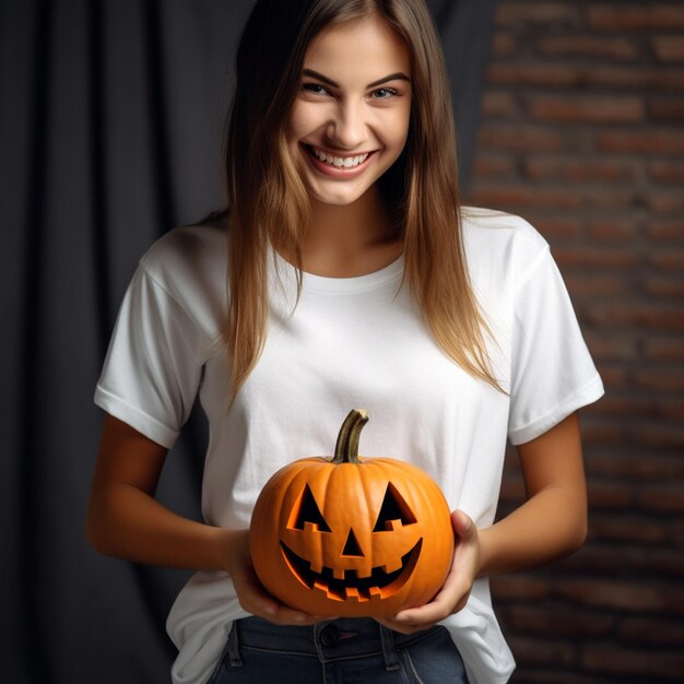 Foto foto de una niña sosteniendo una calabaza de halloween aterradora con una camiseta blanca