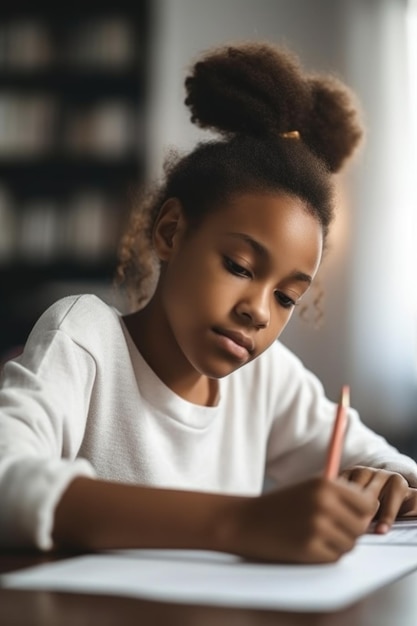 Foto de una niña trabajando en su tarea en casa creada con ai generativo