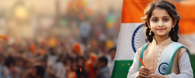 Foto foto de una niña con uniforme escolar sosteniendo un lápiz y una bandera india