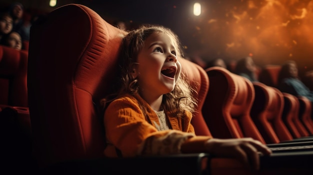 Foto de una niña viendo una película emocionante en un cine oscuro