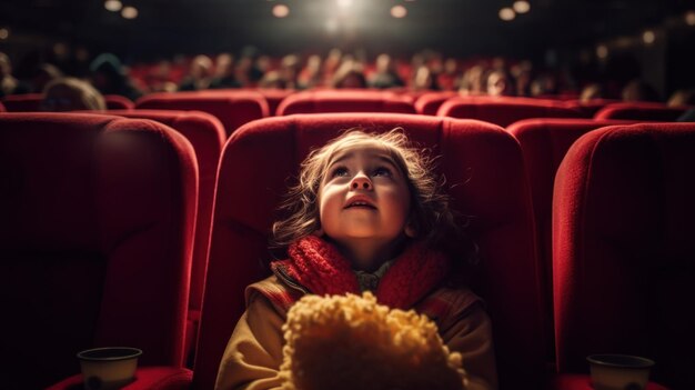 Foto de una niña viendo una película emocionante en un cine oscuro