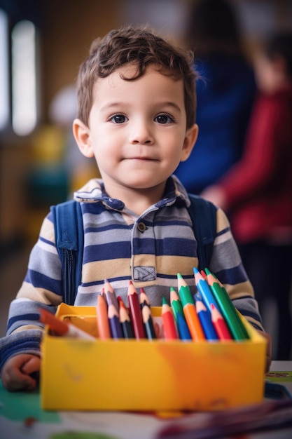 Foto una foto de un niño con una caja llena de lápices de colores en la escuela creada con ia generativa