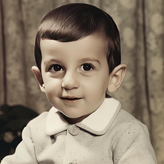 Foto una foto de un niño con una camisa blanca que dice 