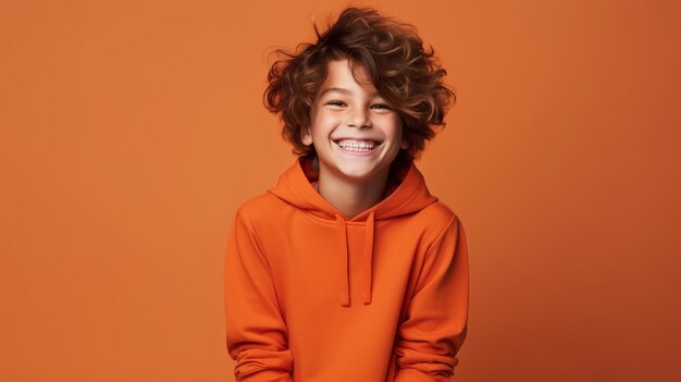 Foto de un niño de escuela dulce y atractivo con ropa naranja riendo ojos cerrados sonriendo aislado fondo de color violeta