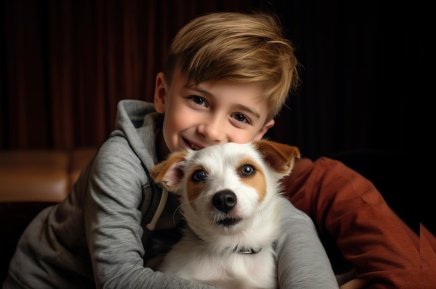 Foto foto de un niño feliz abrazando a un perro foto de alta calidad