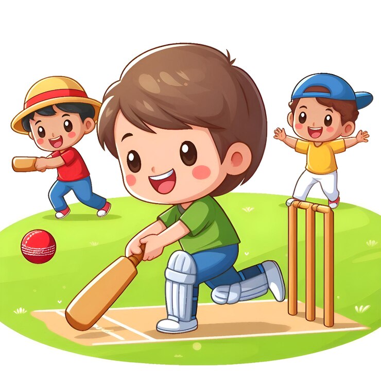 una foto de un niño jugando al cricket con otros tres niños jugando a la pelota
