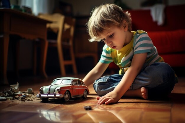 Foto foto de un niño jugando con un coche de juguete en el suelo