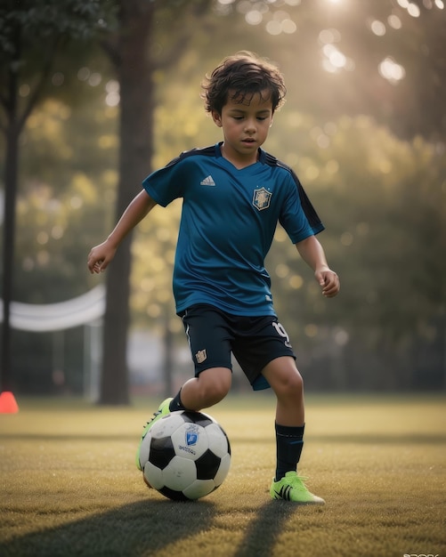 Foto de un niño jugando fútbol en el campo de fútbol