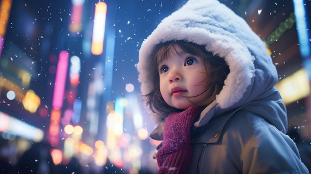 foto de un niño jugando a la nieve llenando el aire en Shibuya Tokio ai generado