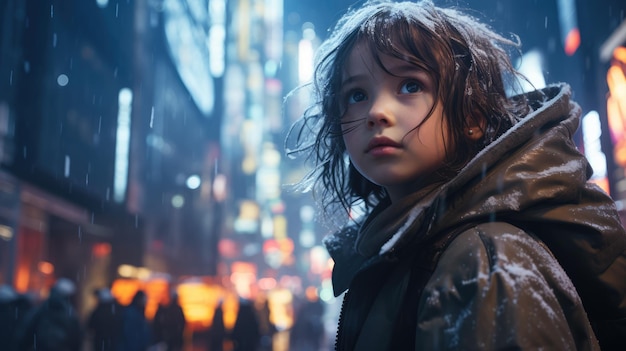 foto de un niño jugando a la nieve llenando el aire en Shibuya Tokio ai generado