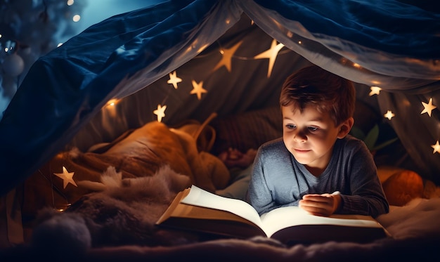 Foto foto de un niño leyendo en una tienda iluminada por la luz de una lámpara