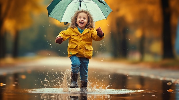 Foto de un niño lindo jugando en agua fangosa lluviosa con un paraguas amarillo