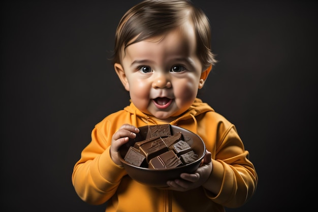 Foto de un niño lindo sosteniendo chocolate en el día del chocolate ai generativo