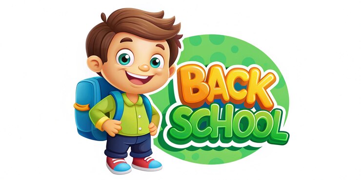 una foto de un niño con una mochila y las palabras de vuelta a la escuela en él
