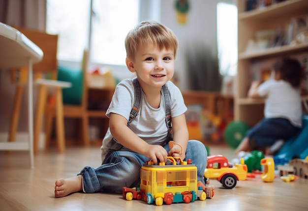 Foto de un niño pequeño jugando con el concepto de desarrollo temprano en bloque