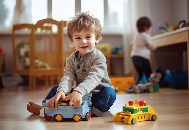 Foto de un niño pequeño jugando con el concepto de desarrollo temprano en bloque