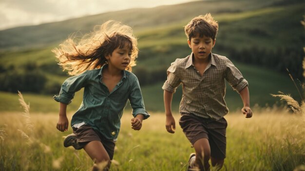 Foto foto de niño persiguiéndose el uno al otro en el campo verde