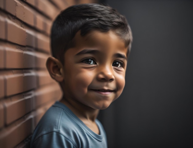 Foto de un niño sonriendo y parado frente a la pared y mirando a la cámara con ai generativo