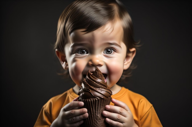 Foto de un niño sosteniendo un helado de chocolate en el día del chocolate ai generativo