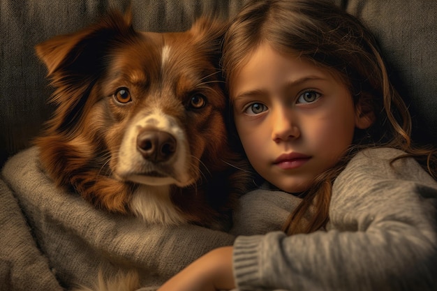 Una foto de un niño y su perro acurrucados juntos en un cómodo sofá IA generativa