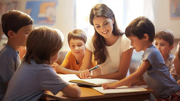 Foto de niños aprendiendo en el aula con el maestro.