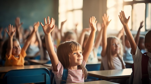 Foto de niños aprendiendo en el aula con el maestro.