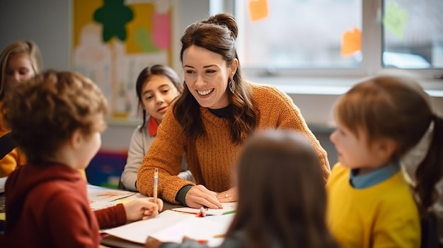 Foto de niños aprendiendo en el aula con el maestro.