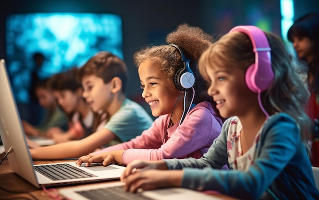 Foto de niños aprendiendo computación en su aula