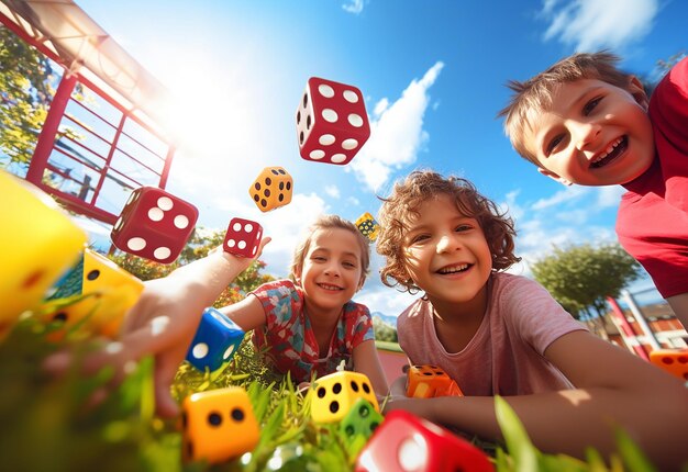 Foto foto de niños divirtiéndose jugando en el patio de recreo al aire libre