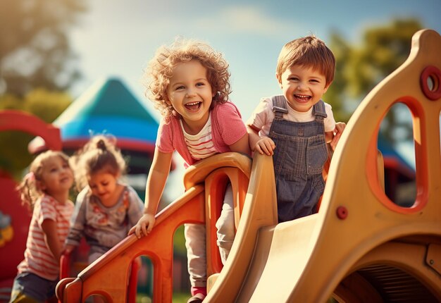 Foto de niños divirtiéndose jugando en el patio de recreo al aire libre