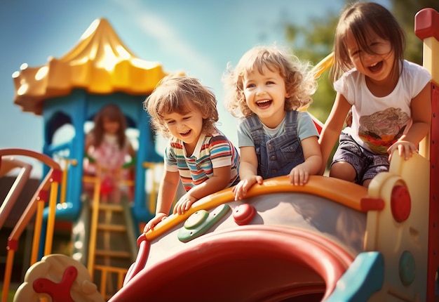 Foto de niños divirtiéndose jugando en el patio de recreo al aire libre