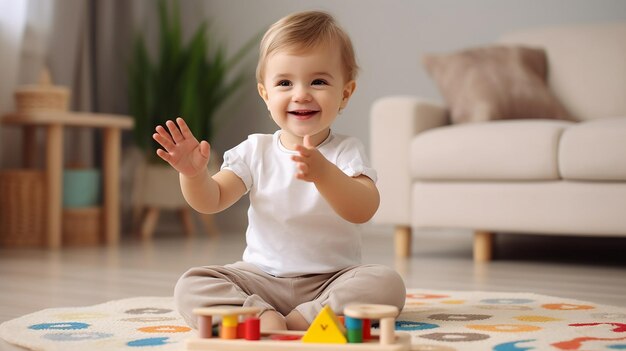 Foto de niños felices jugando con bloques y juguetes.