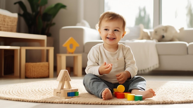 Foto de niños felices jugando con bloques y juguetes.